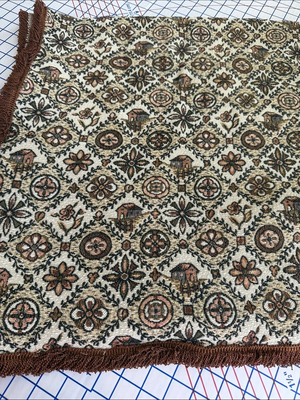 Vintage Folk Art Jacquard Woven Throw Lap Blanket Barn Floral Fringe 50x40